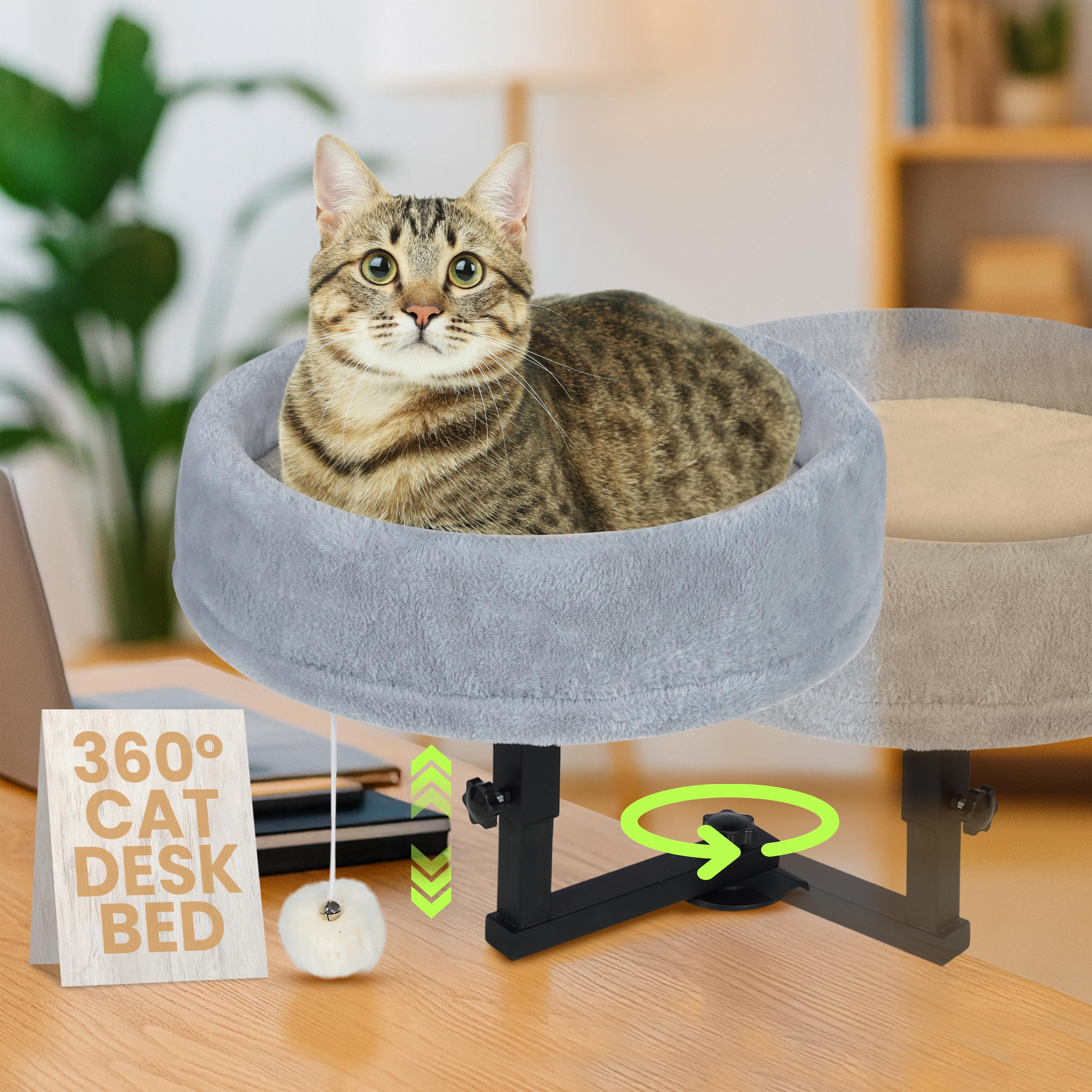 Zayana cat desk bed demonstrating 360 rotation for easy companionship during work