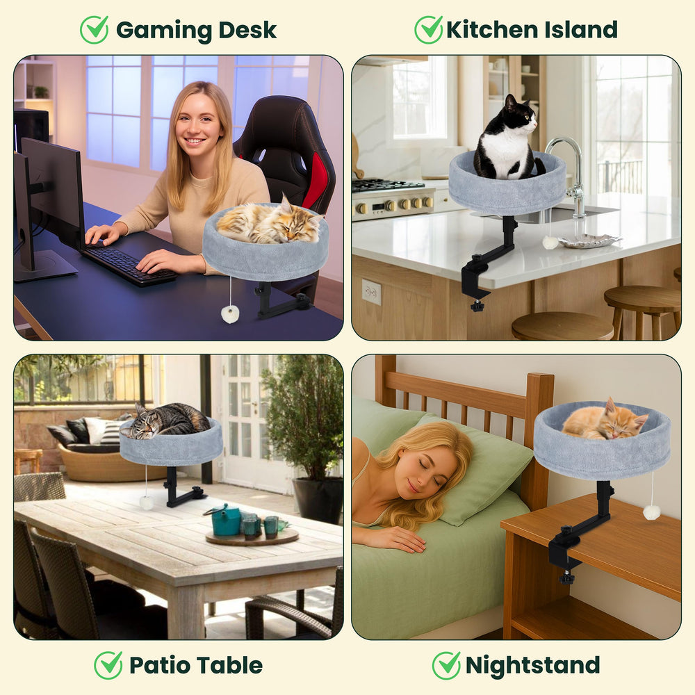 Zayana cat desk bed close-up showing bonding position near the user