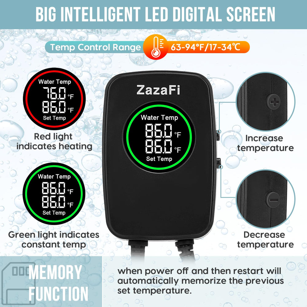 ZazaFi 500W aquarium heater external controller shows precise temp in Fahrenheit and Celsius