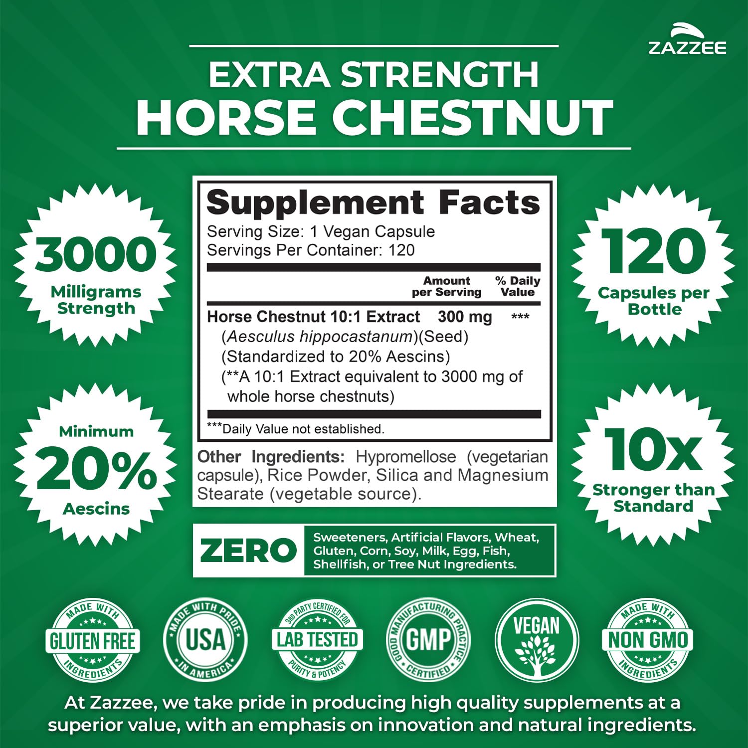 Zazzee horse chestnut capsules close-up showing high potency 3000 mg per capsule