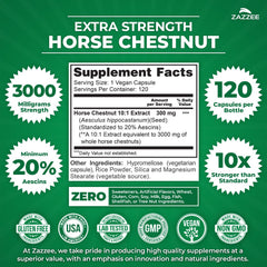 Zazzee horse chestnut capsules close-up showing high potency 3000 mg per capsule