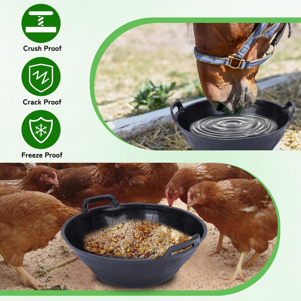 Zcargel rubber feed pan farm-stable use highlights animal feeding and stable chores.