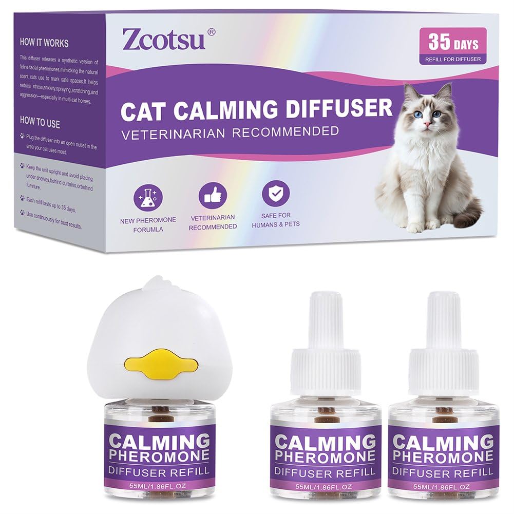 Zcotsu Cat Calming Diffuser Refill packaging highlights a 35-day calming formula