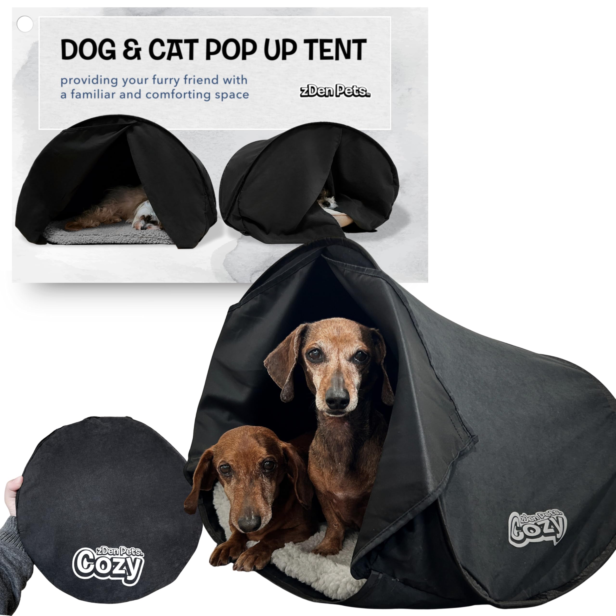 zDen cozy pet bed cave entrance promotes calm, cozy hideaway for indoor cats and small dogs.