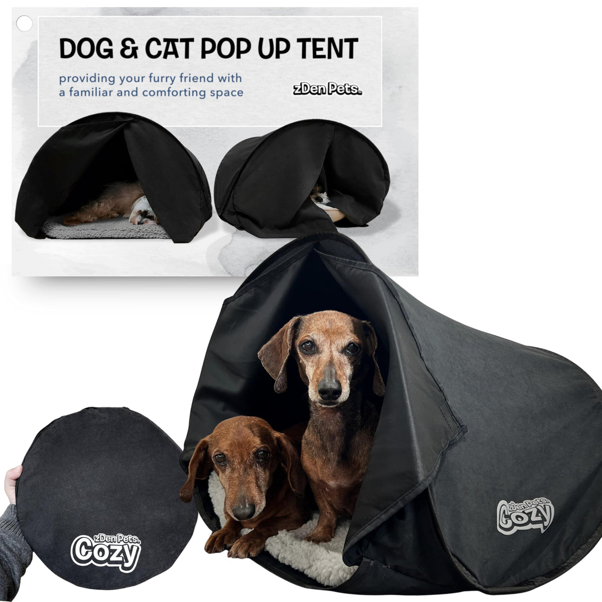 zDen cozy pet bed cave entrance promotes calm, cozy hideaway for indoor cats and small dogs.