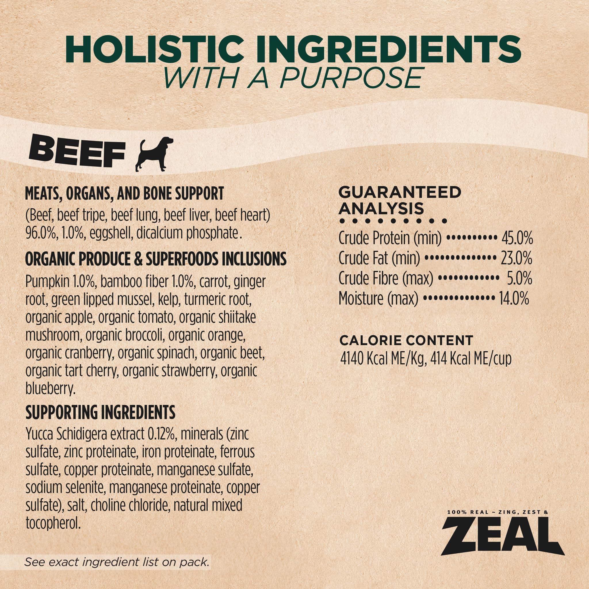 ZEAL Canada 1lb dog food packaging close-up for convenient feeding.