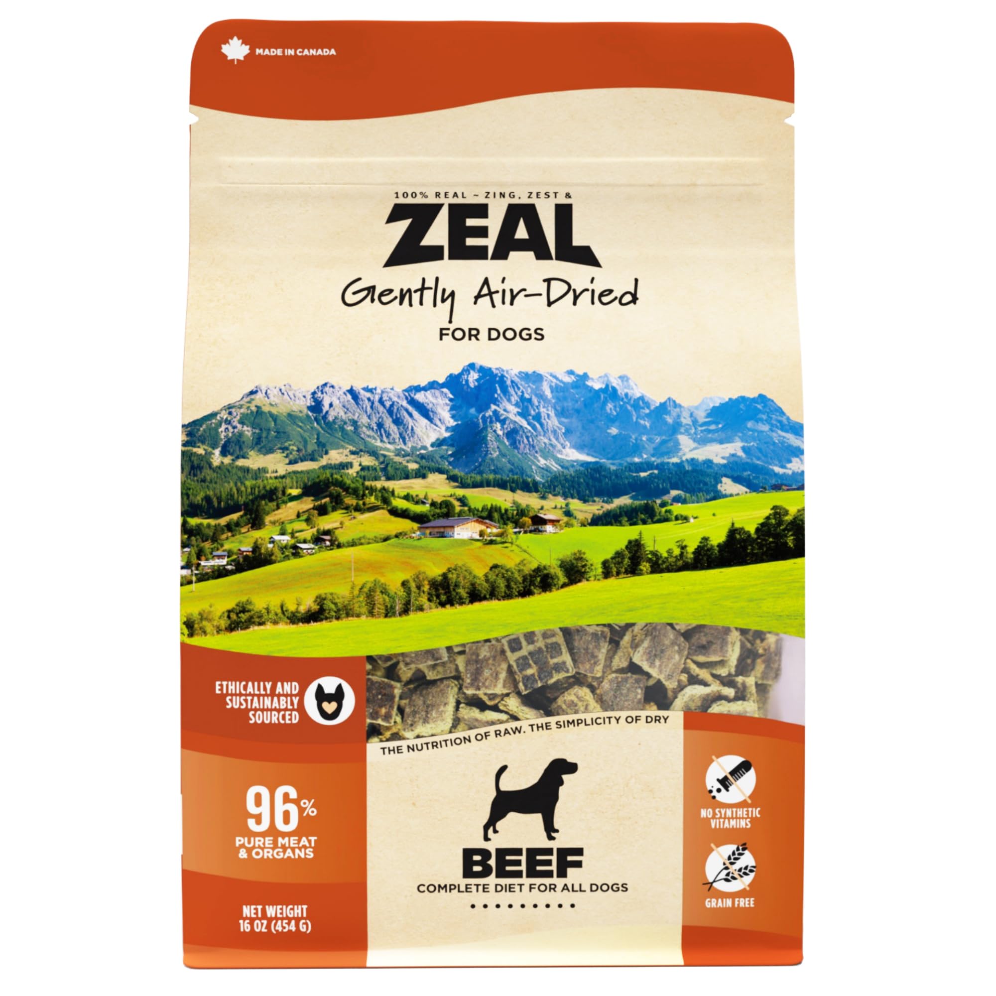 ZEAL Canada air-dried beef bag open highlights premium, protein-rich ingredients for dogs.
