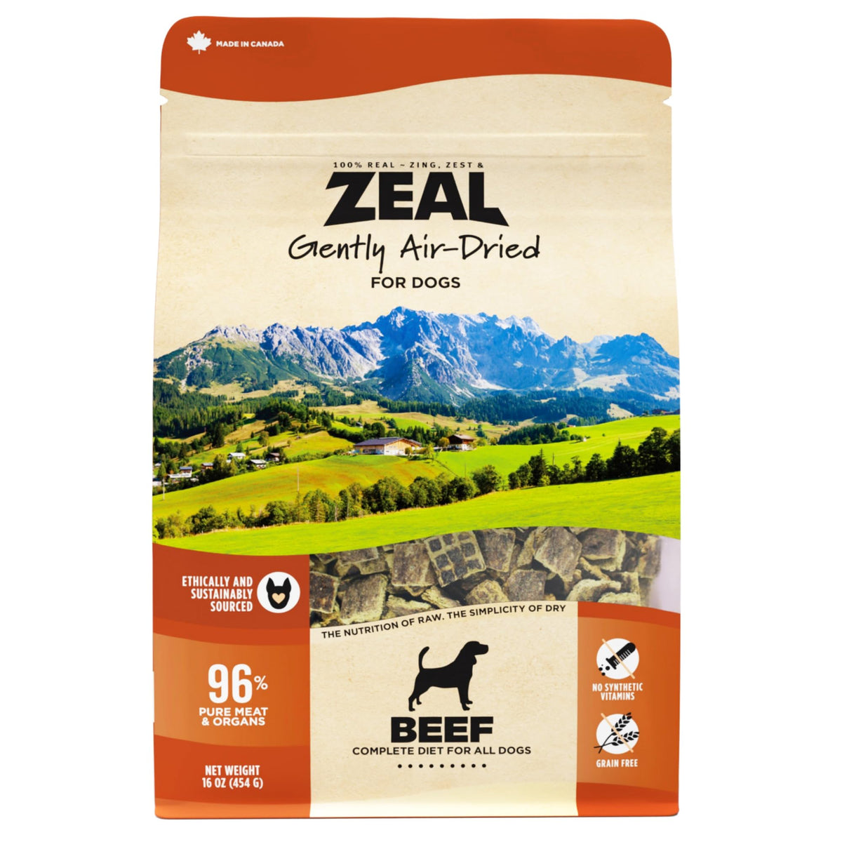 ZEAL Canada air-dried beef bag open highlights premium, protein-rich ingredients for dogs.