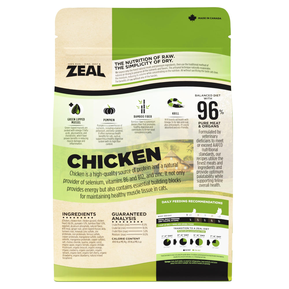 zeal canada air-dried cat-food ingredient chart highlights 96% meat content