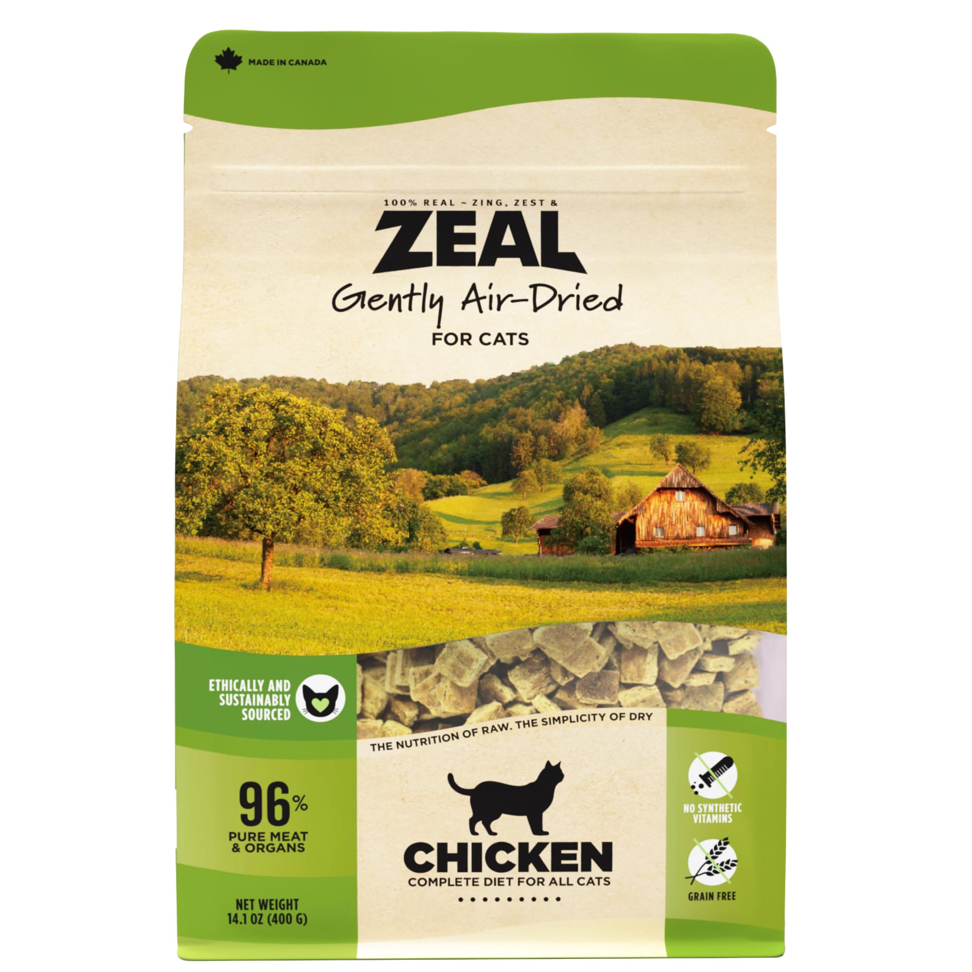 ZEAL Canada air-dried cat-food packaging highlights grain-free formula for sensitive tummies