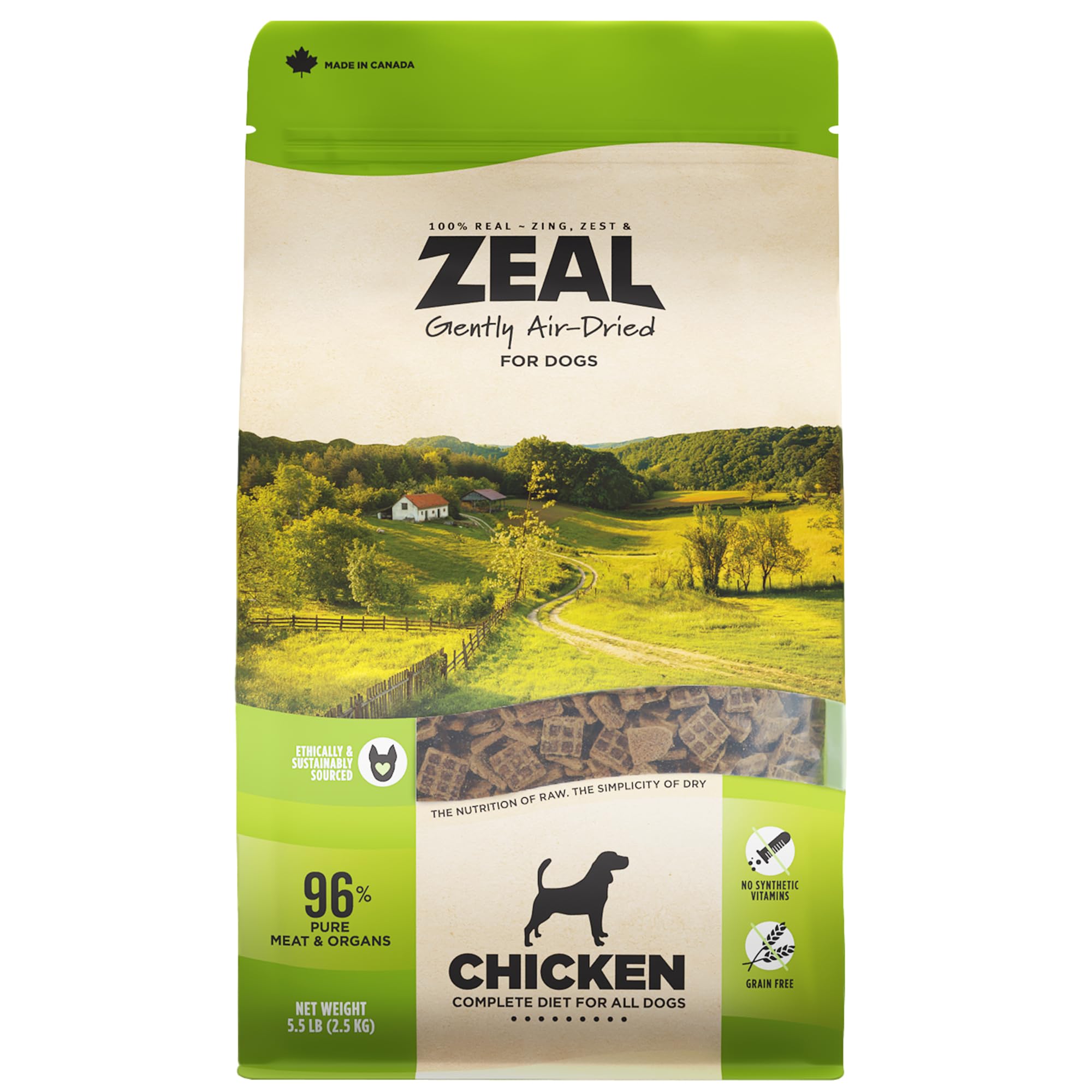 ZEAL Canada air-dried chicken recipe bag open showing high-protein, grain-free nutrition.