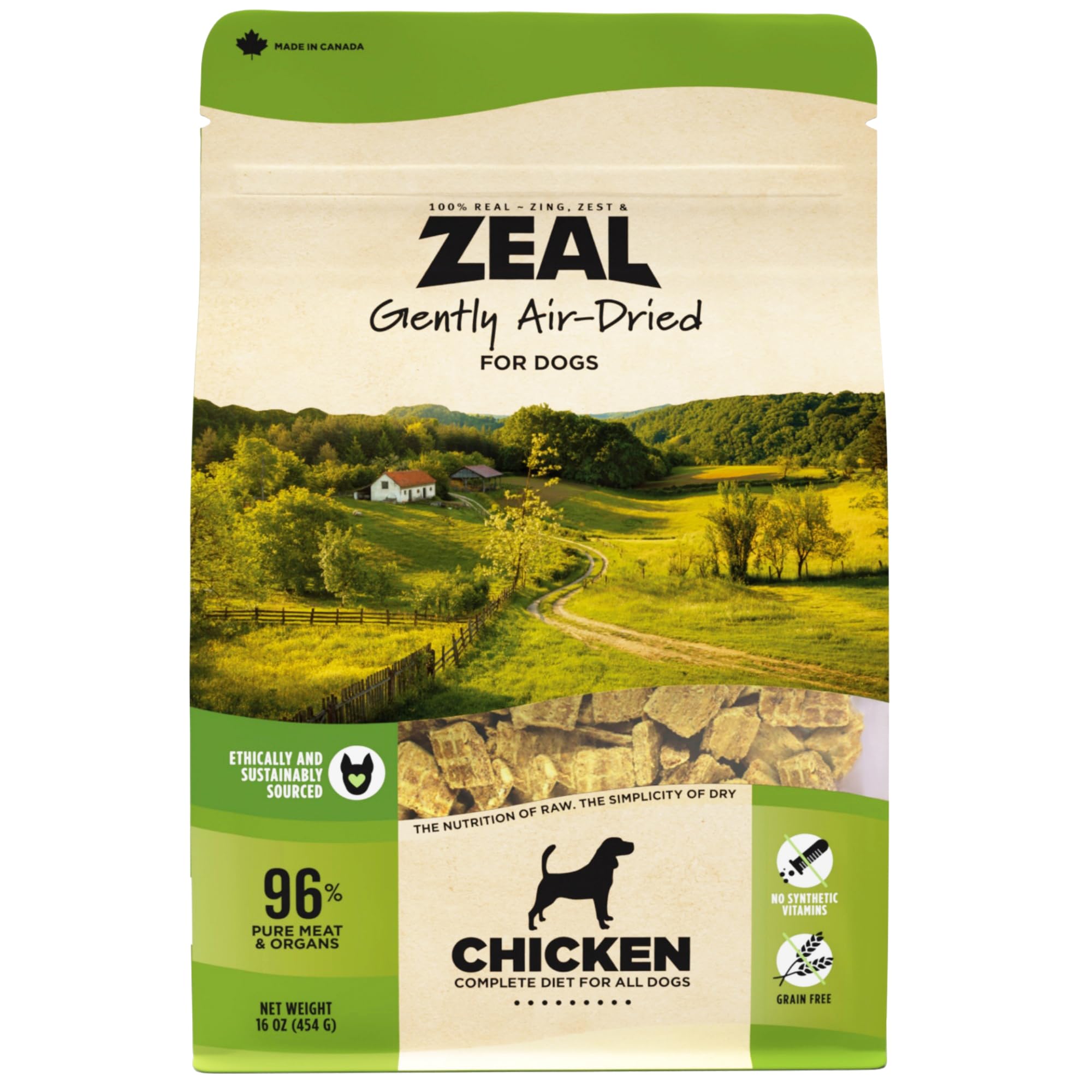 ZEAL Canada Air-Dried Chicken Recipe bag, high-protein, grain-free dog food for active pets.