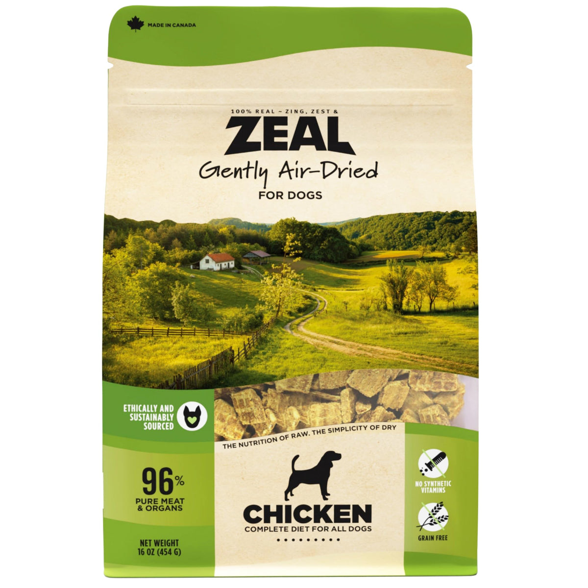 ZEAL Canada Air-Dried Chicken Recipe bag, high-protein, grain-free dog food for active pets.