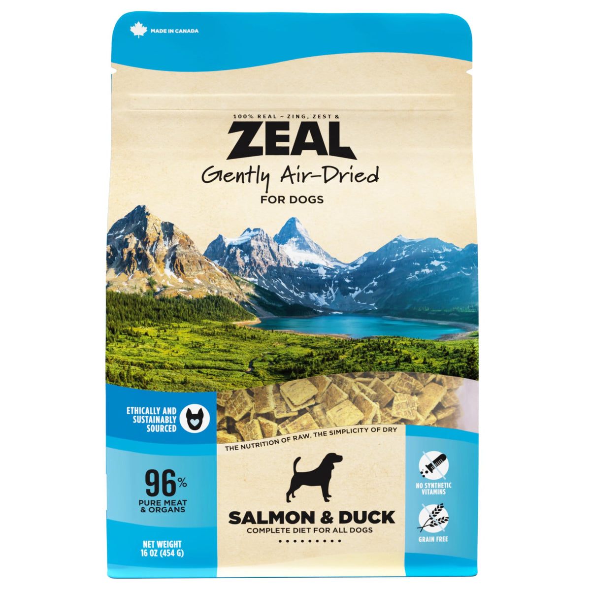 ZEAL Canada air-dried salmon-duck recipe bag front shows grain-free nutrition for dogs