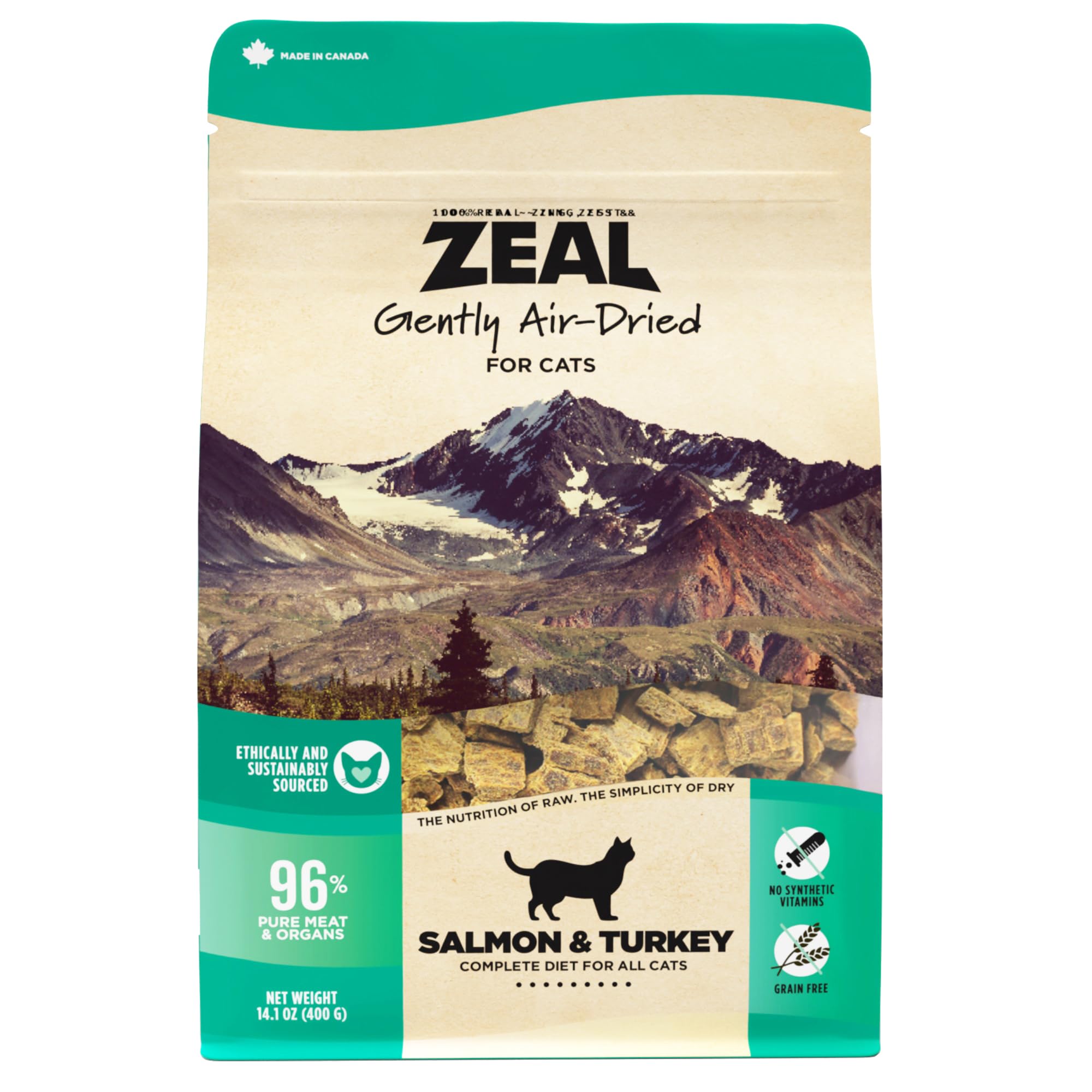 ZEAL Canada air-dried salmon-turkey cat food pack highlights grain-free formula for easier digestion.