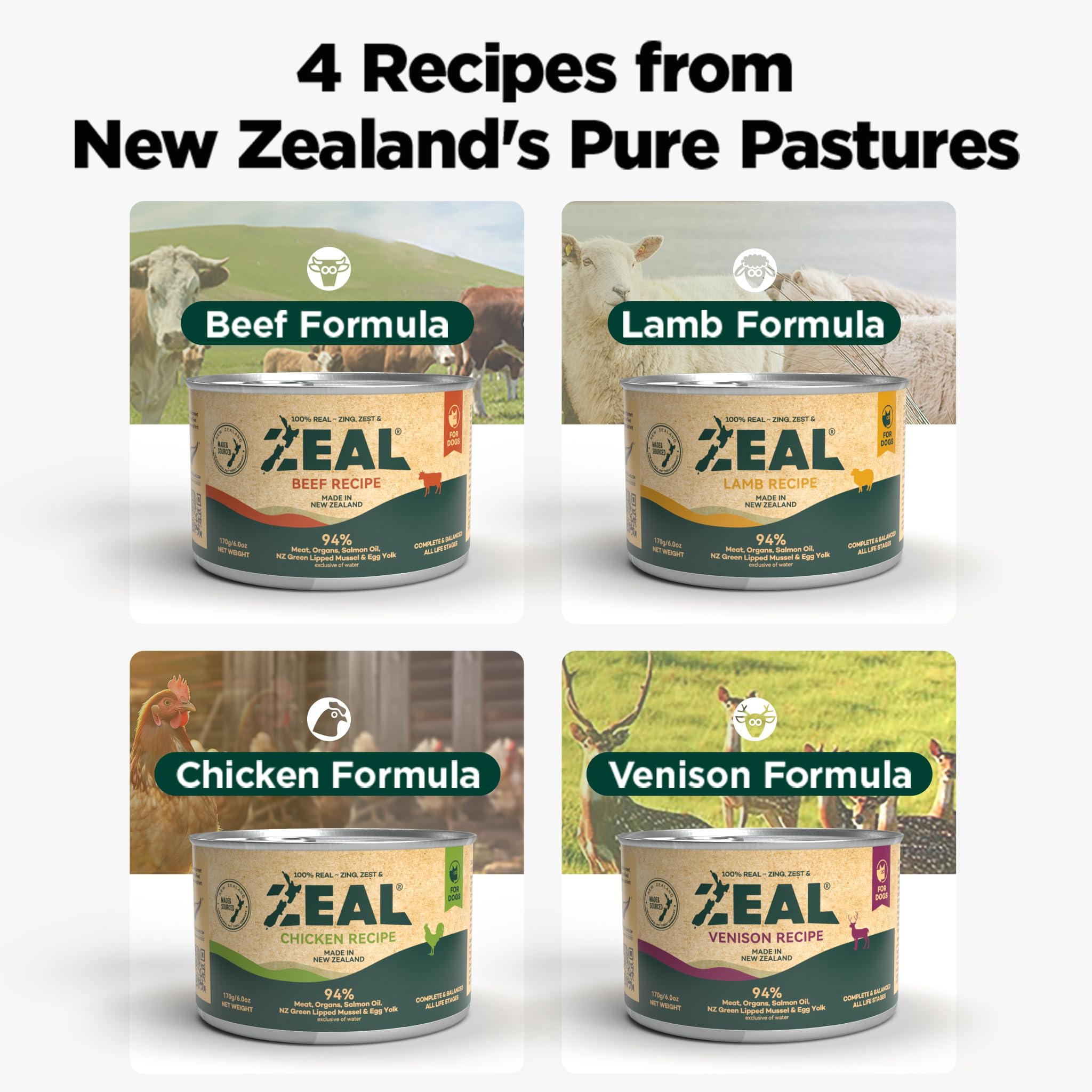 ZEAL New Zealand wet dog food scene - natural ingredients from pristine pastures.