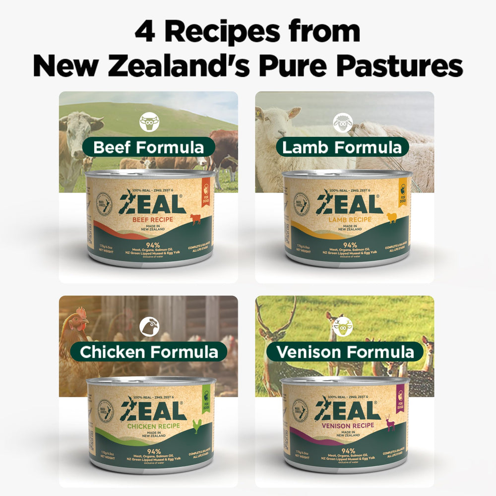 ZEAL New Zealand wet dog food scene - natural ingredients from pristine pastures.
