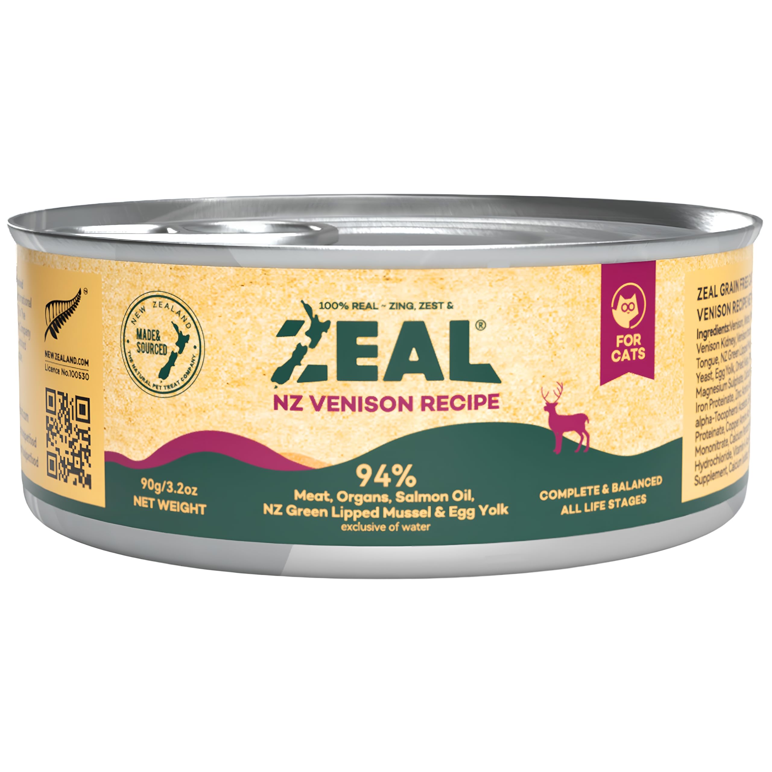 ZEAL venison recipe wet cat food cans closeup showing protein-rich nourishment for cats