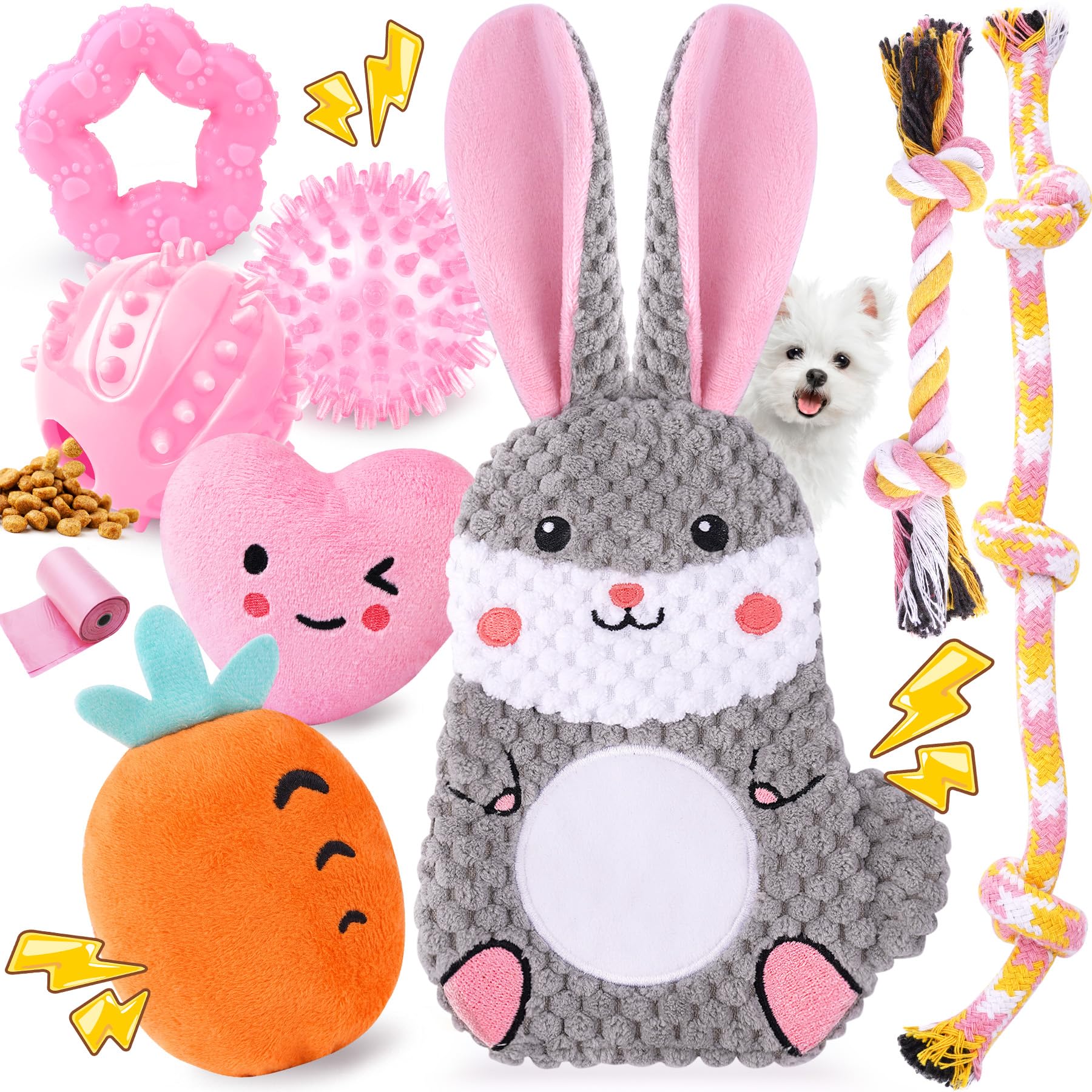 Zeaxuie pink puppy toys teething set with squeaky crinkle for interactive play