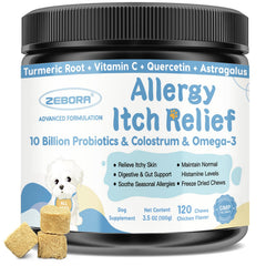 ZEBORA Dog Allergy Relief Chews label highlights probiotic-rich formula for skin support.