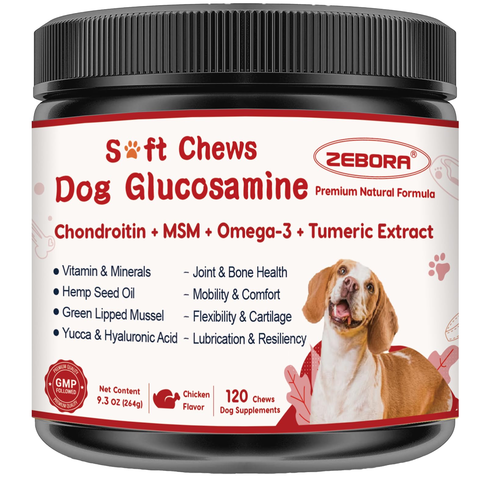 ZEBORA dog joint supplement soft chews bottle for flexible movement support.
