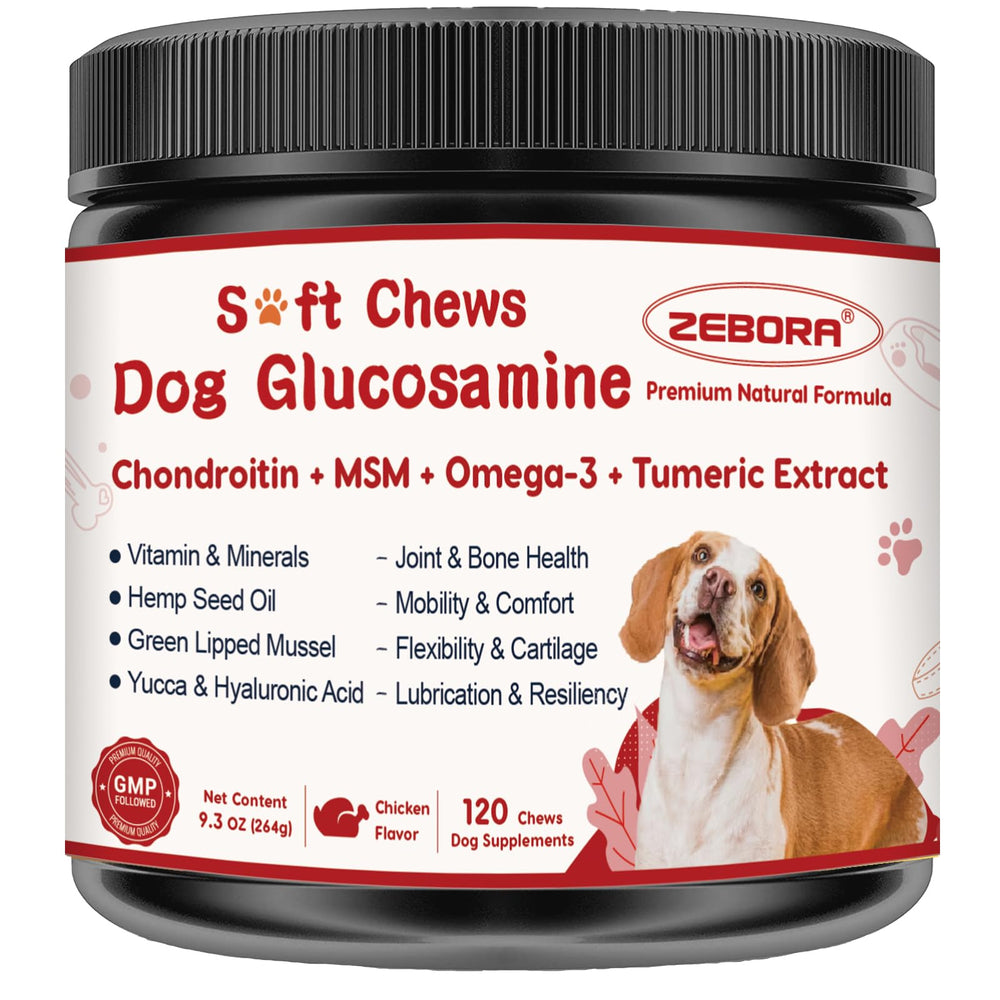 ZEBORA dog joint supplement soft chews bottle for flexible movement support.