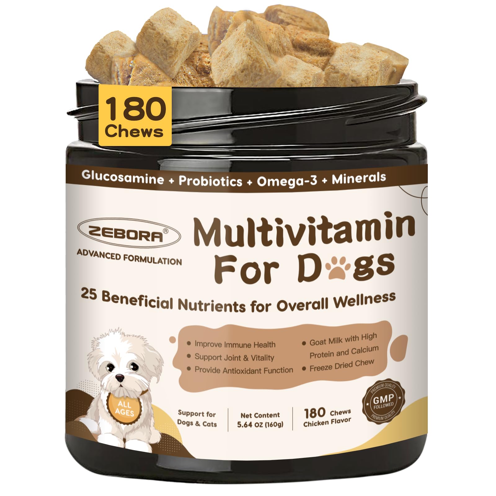 ZEBORA dog multivitamin bottle front boosts daily wellness with probiotic support.
