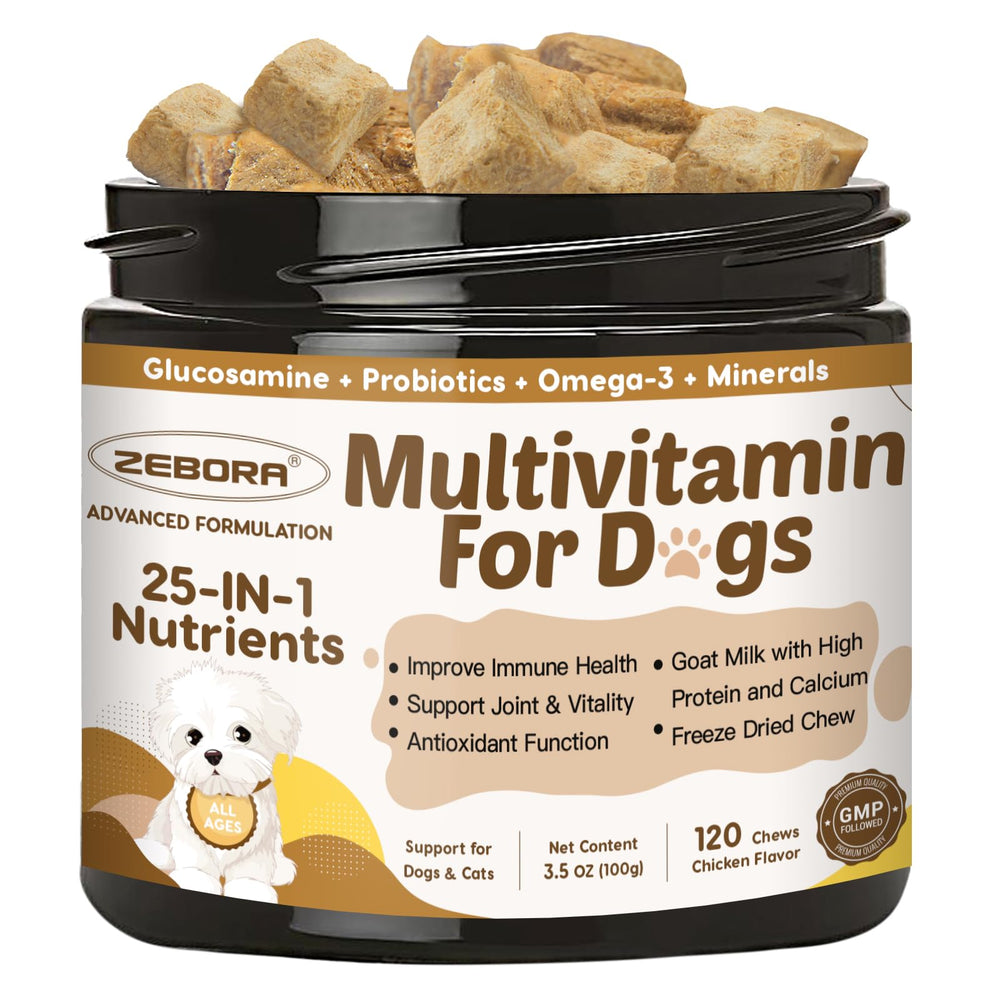 ZEBORA dog multivitamin freeze-dried chicken bites shown for easy feeding and digestive support.