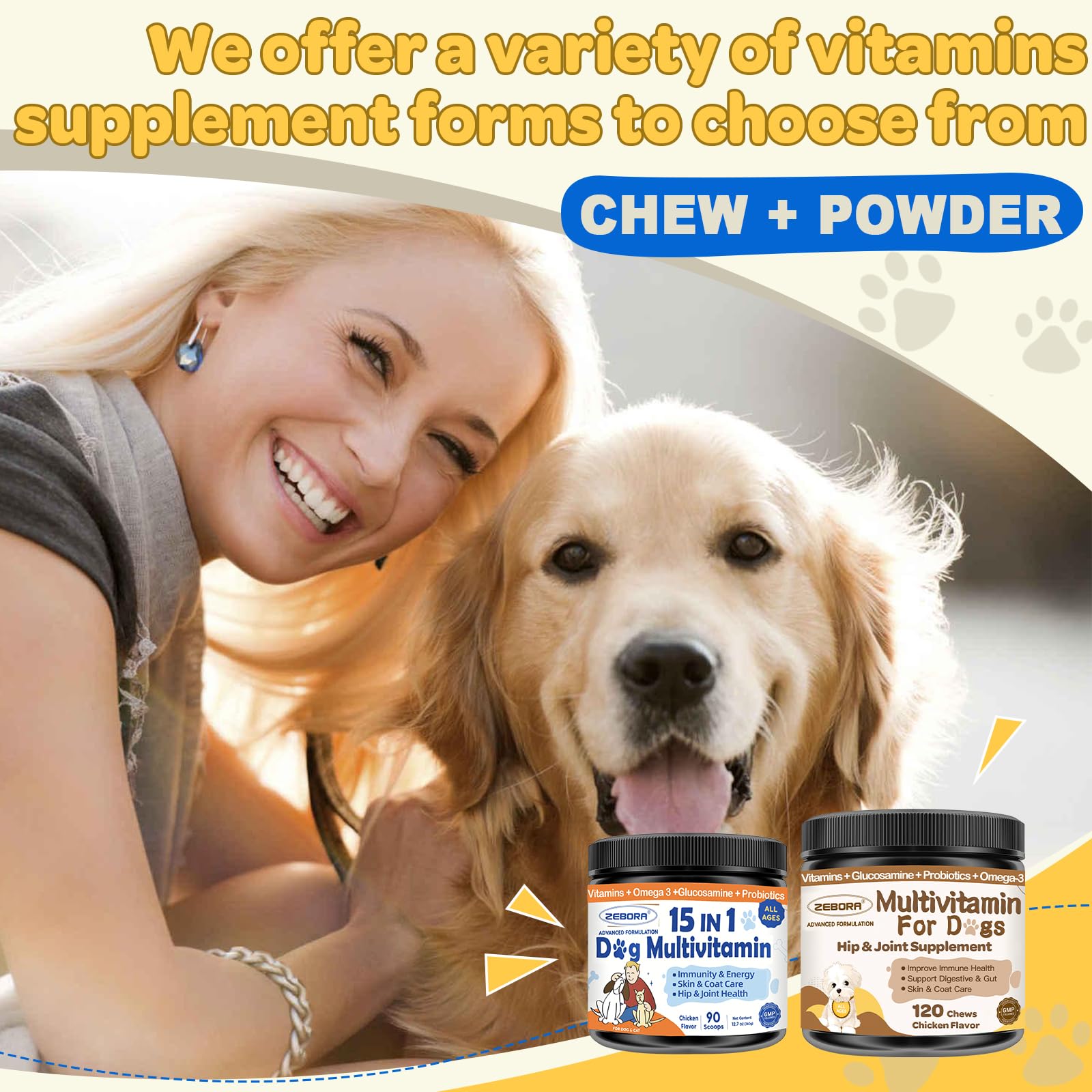 ZEBORA dog multivitamin natural ingredients labeling notes non-GMO and allergen-friendly features.