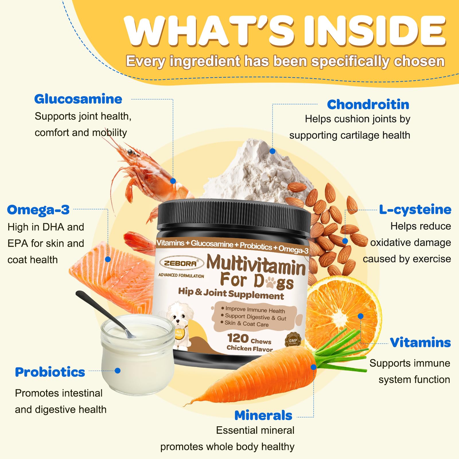 ZEBORA dog multivitamin with omega-3 shown for healthy skin and coat.