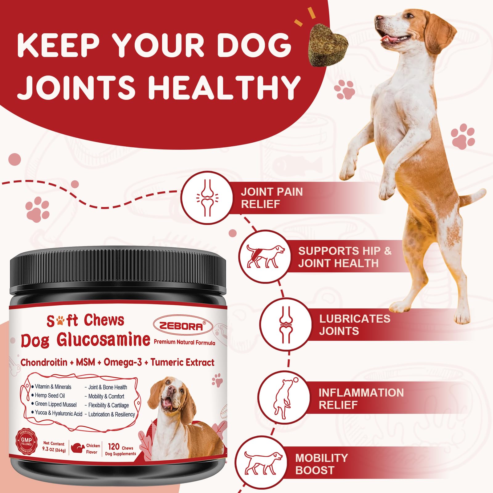 ZEBORA glucosamine chondroitin MSM ingredients label highlights cartilage support.