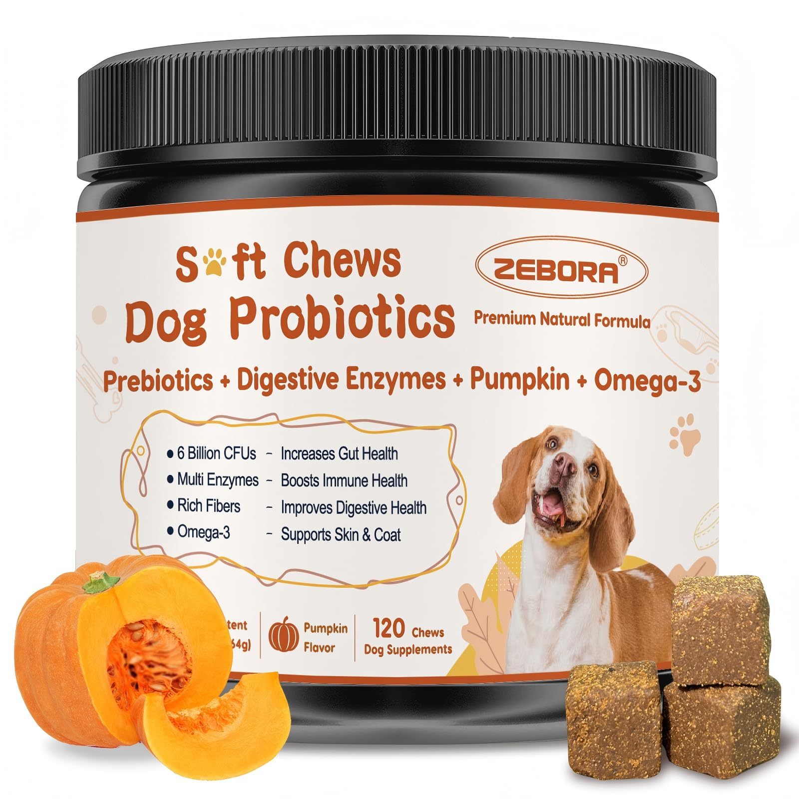 ZEBORA probiotics for dogs soft chews bottle shows convenient daily digestive support.