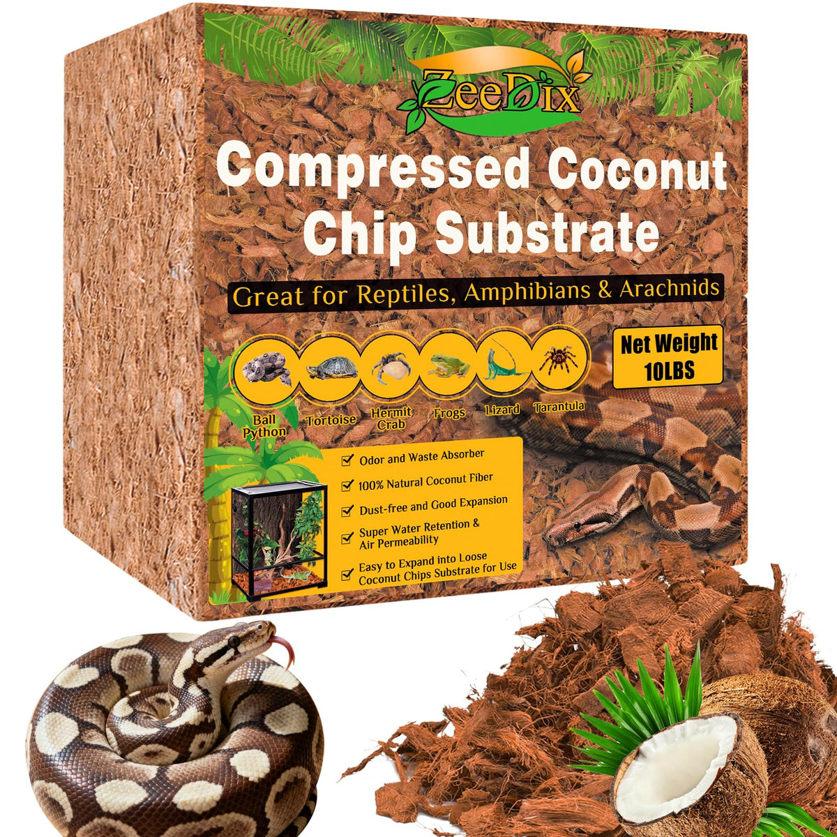 ZeeDix coconut husk chip brick expands into breathable reptile bedding