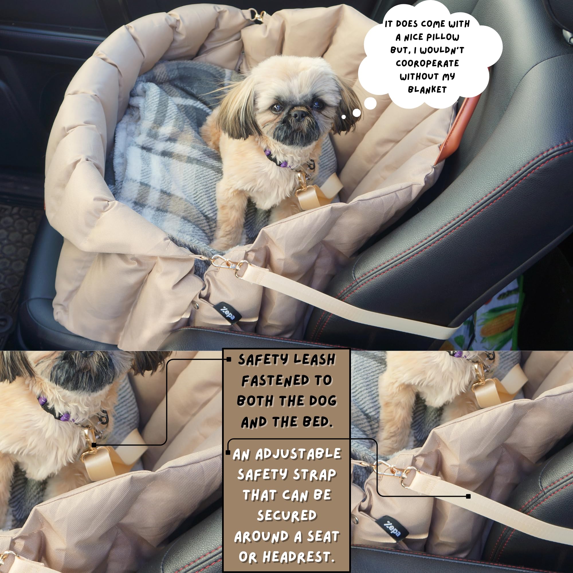 ZEPA dog car seat adjustable safety leash keeps your pet secure on road trips