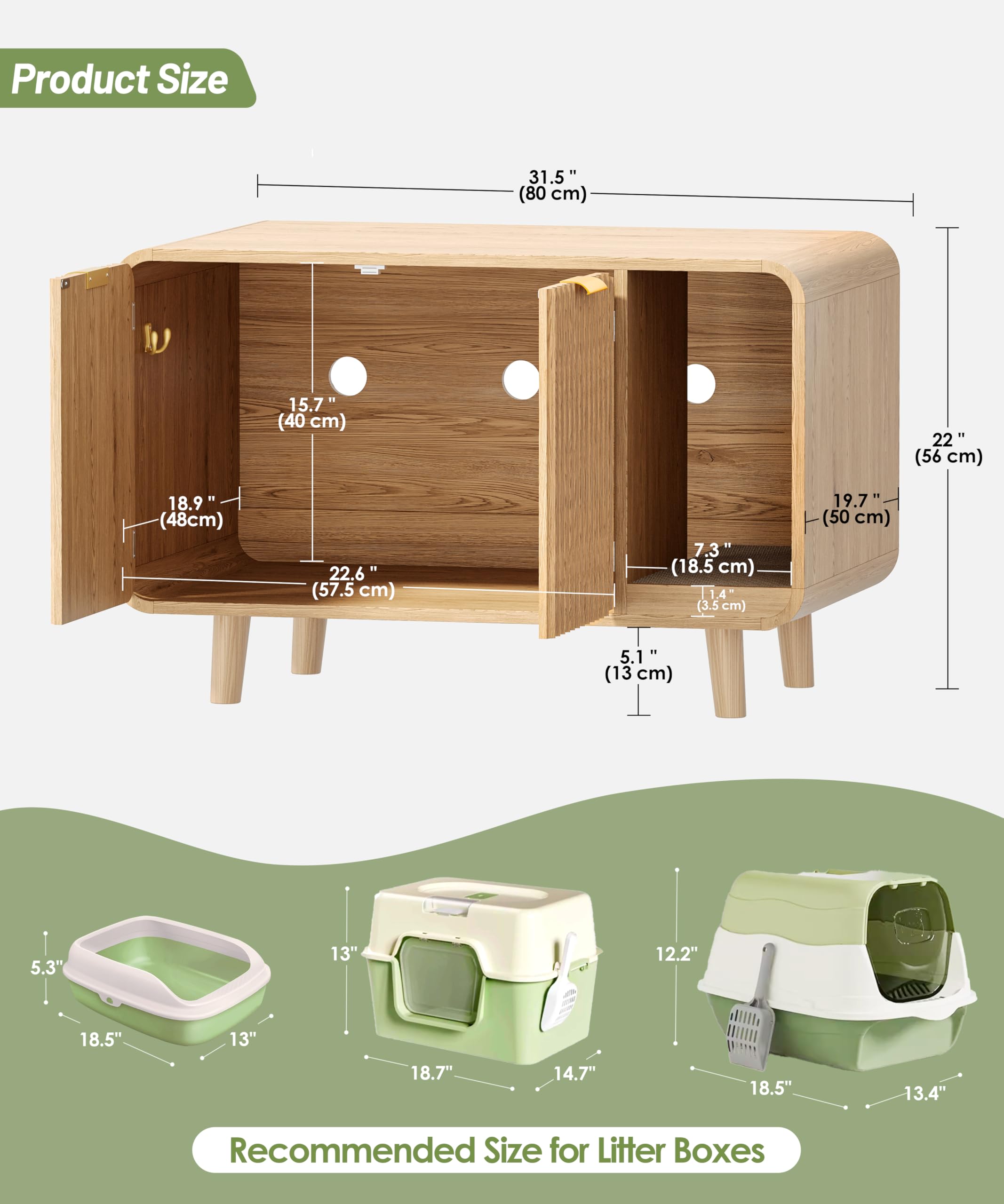 Zeibospri cat litter box enclosure front detail shows privacy and stylish doors.