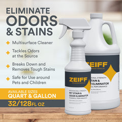 Zeiff remover spray on carpet showing quick application for stains and odors.
