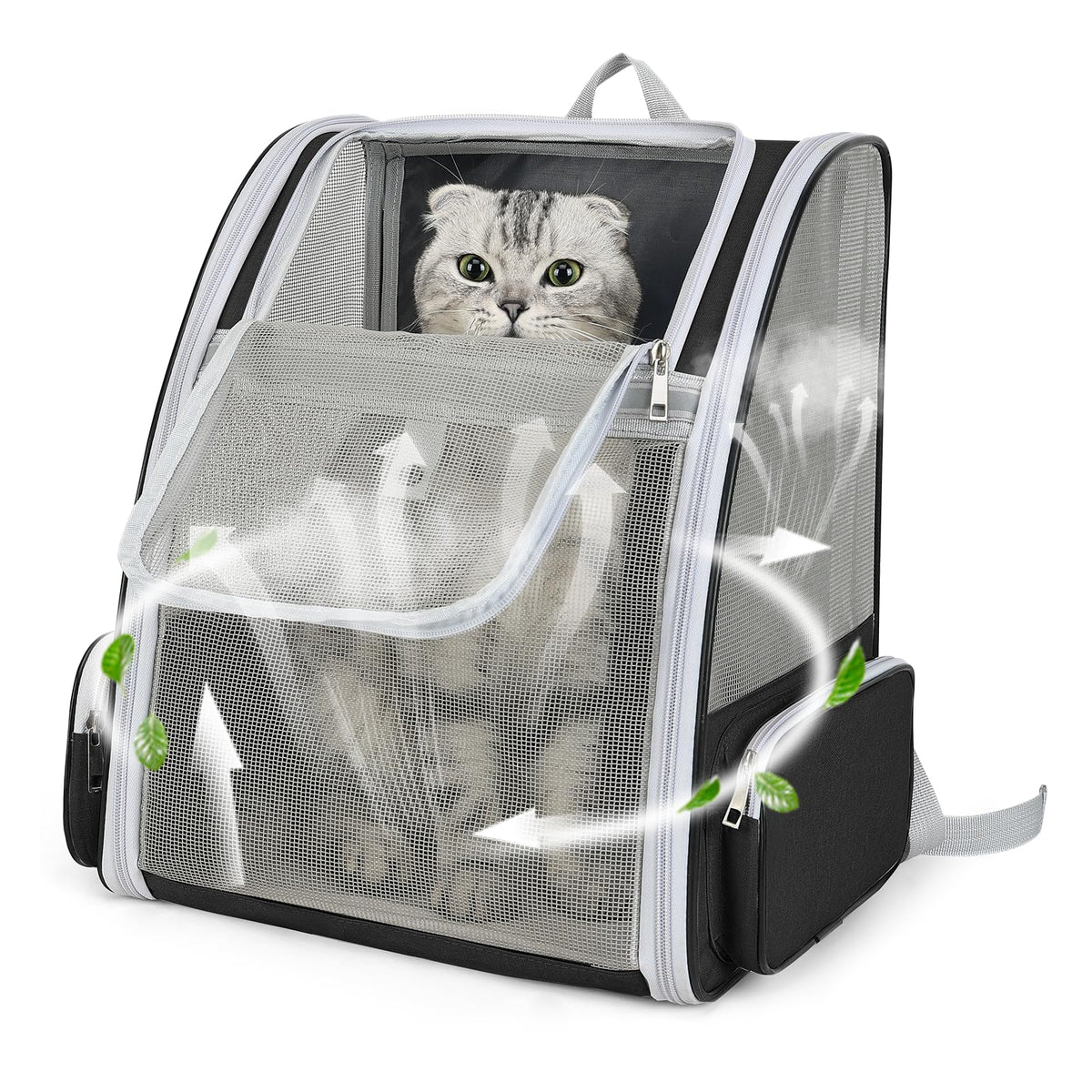 ZEJOROSE cat backpack carrier front view shows roomy interior for travel.