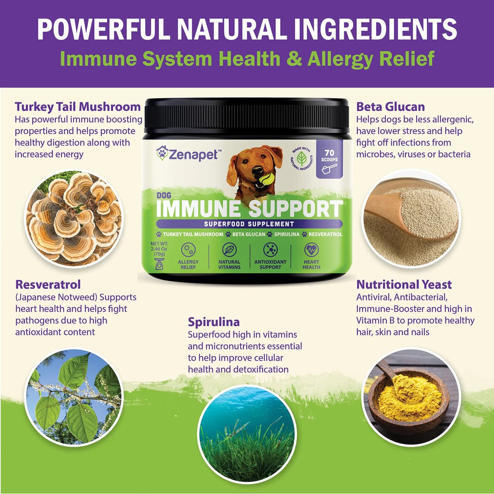Zenapet dog immune-topper beta-glucan ingredient supports overall wellness when sprinkled on meals.