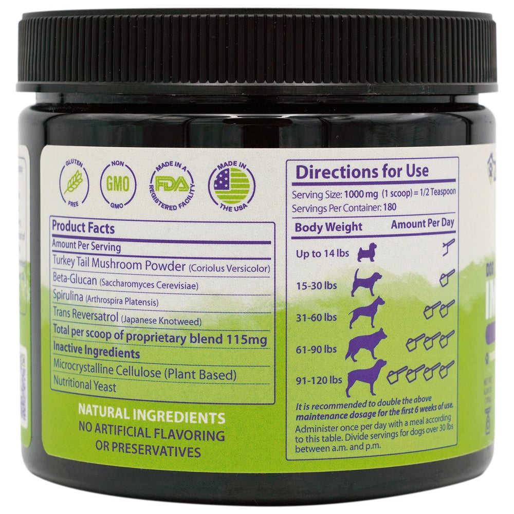 Zenapet immune topper Spirulina powder enhancing nutrients and energy for active dogs.