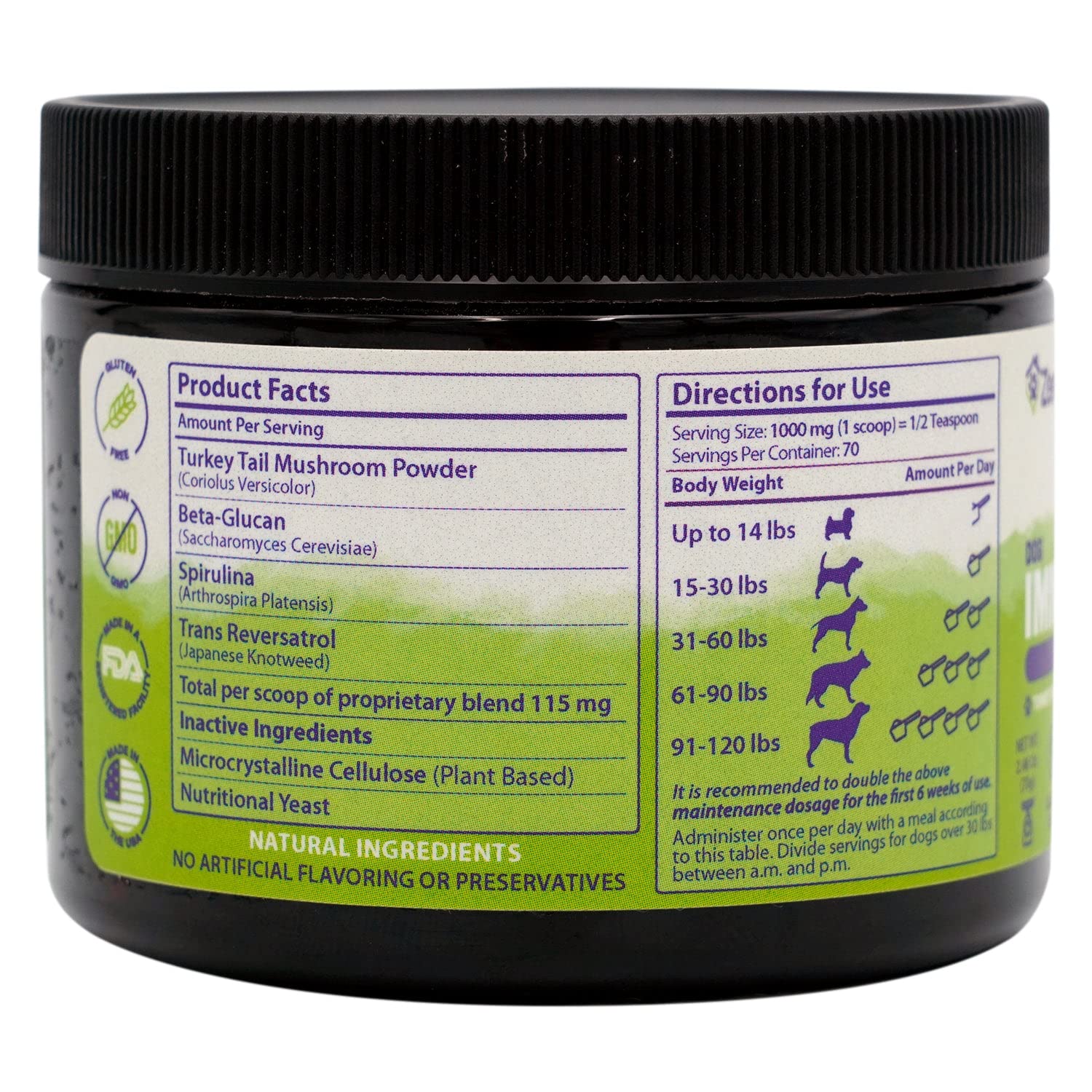 Zenapet dog immune-topper spirulina addition promotes vibrant coat and healthier digestion.