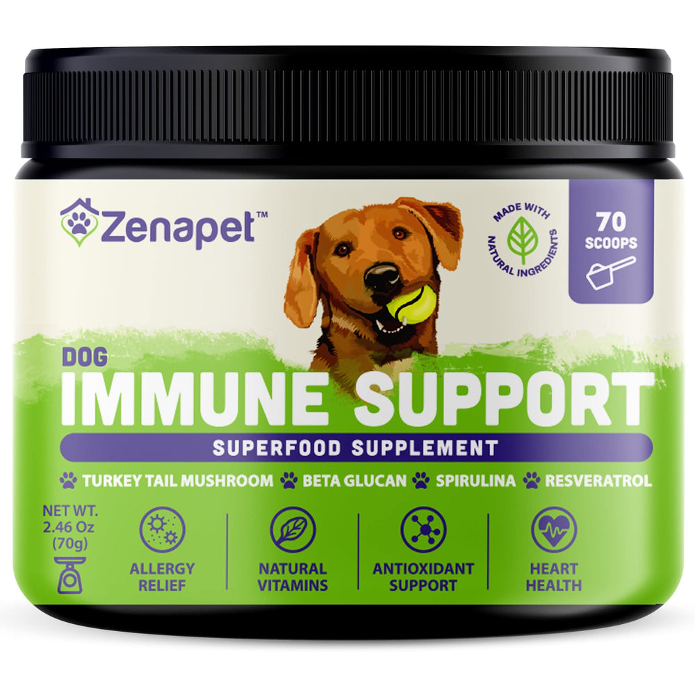 Zenapet dog immune-topper with turkey-tail blend mixed into kibble for immune support.