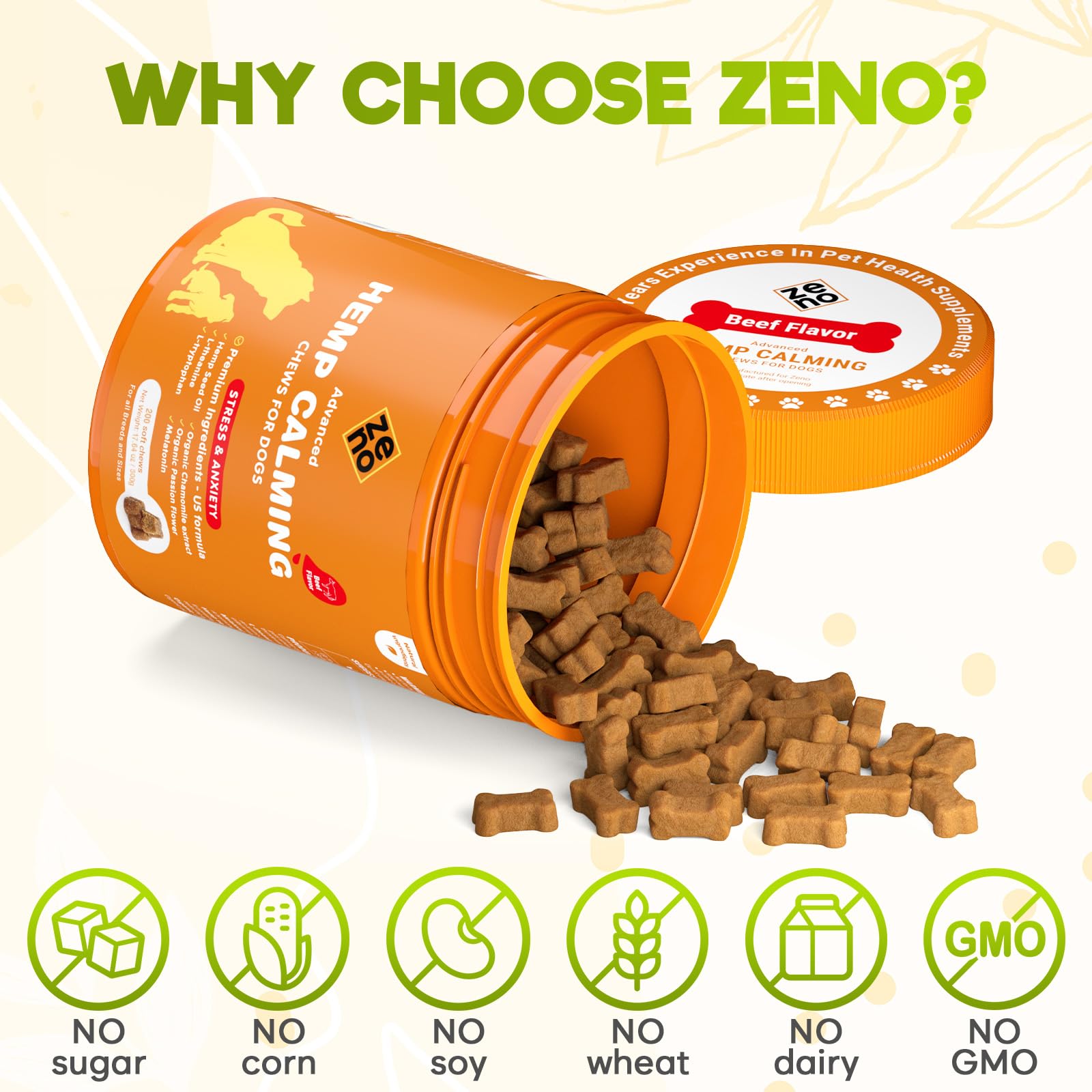 ZENO calming chews beef bite close-up highlights flavor and calming effects.