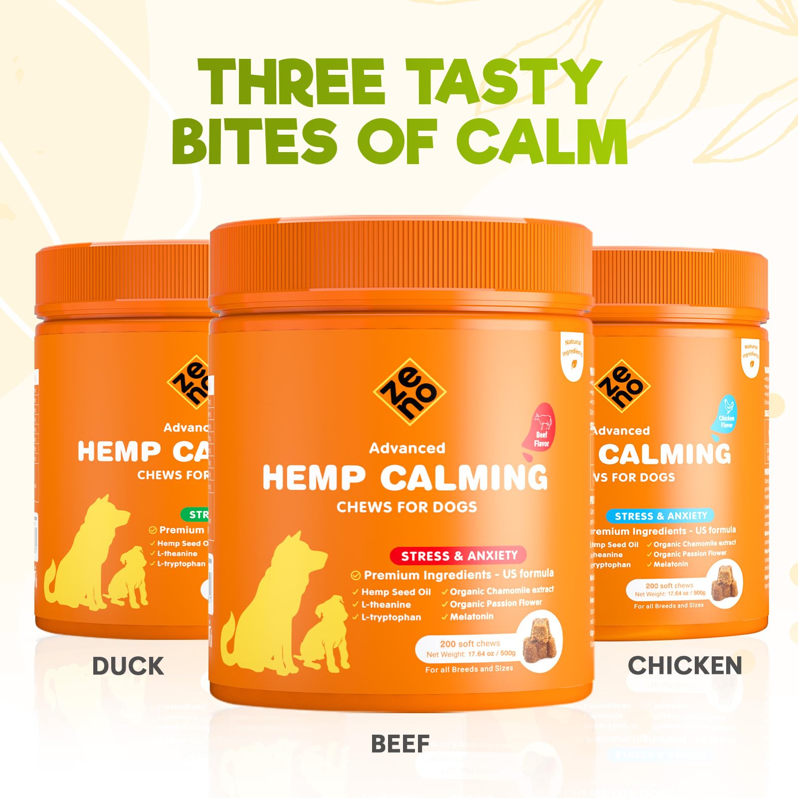 ZENO calming chews in a serving bowl imply simple daily support for dog anxiety.