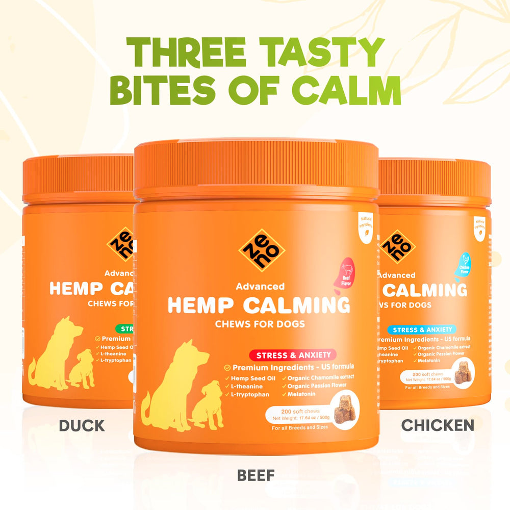 ZENO calming chews in a serving bowl imply simple daily support for dog anxiety.
