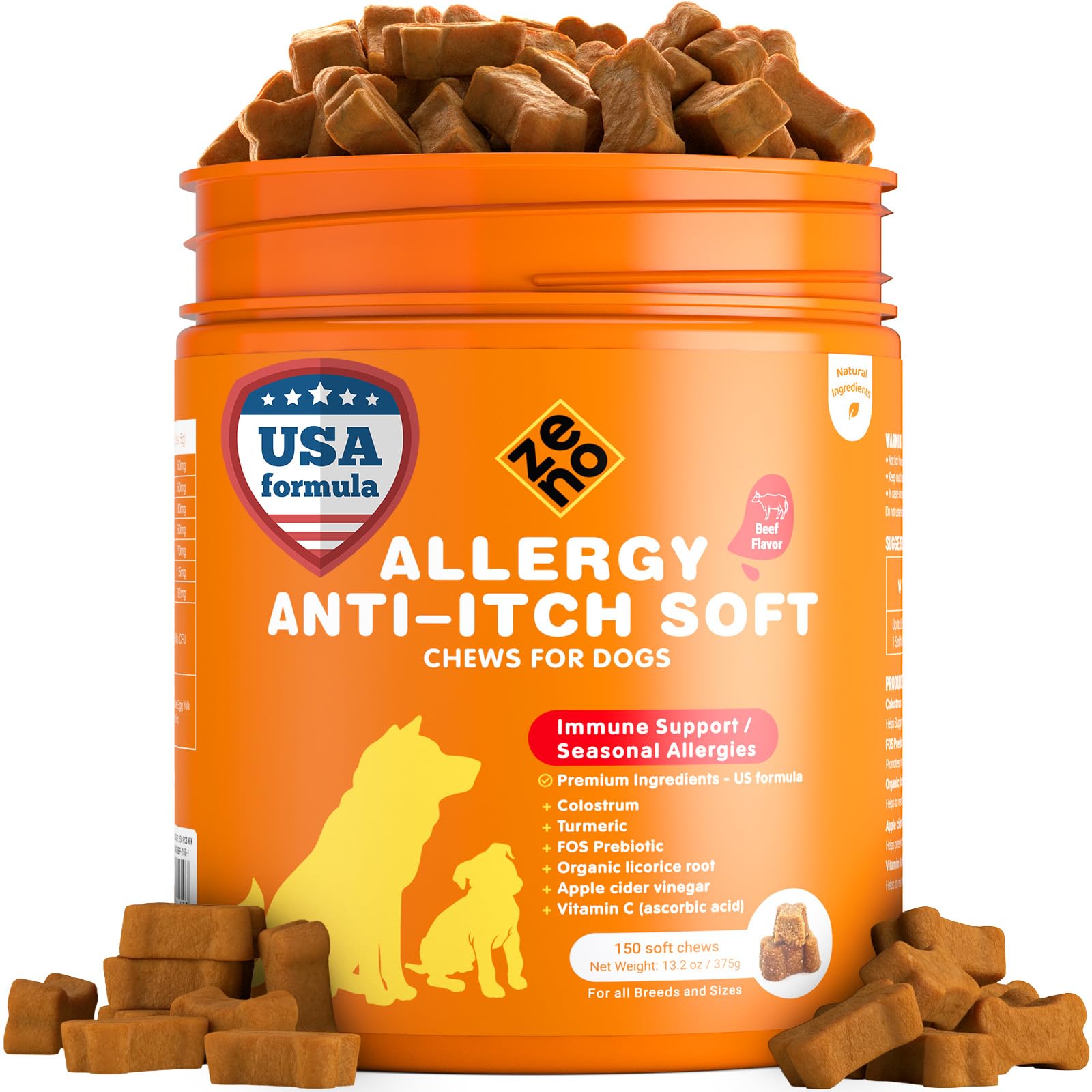 ZENO Dog Allergy Chews beef packaging signals tasty flavor and convenient dosing.