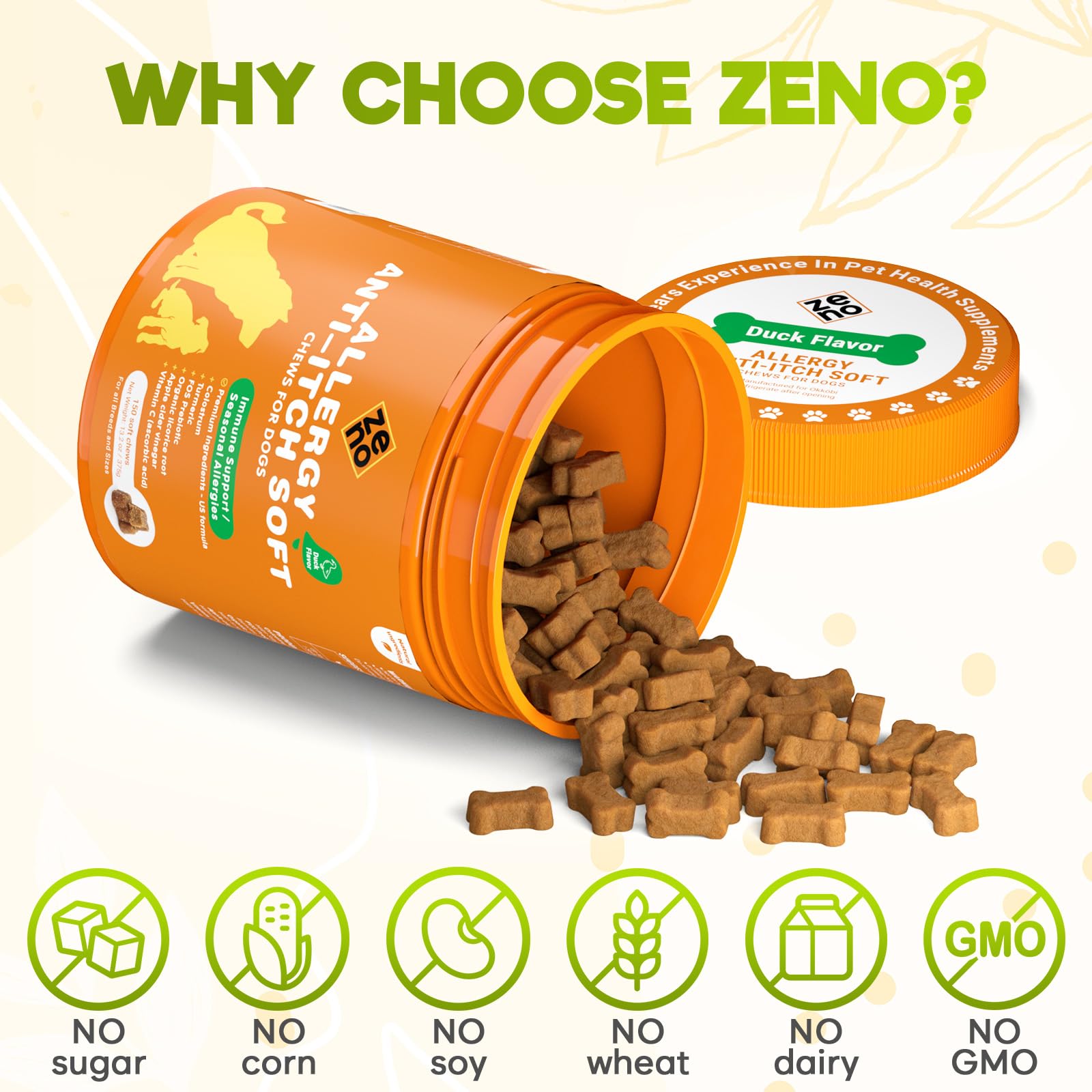 Perro disfrutando ZENO Dog Allergy Chews tras la comida diaria.