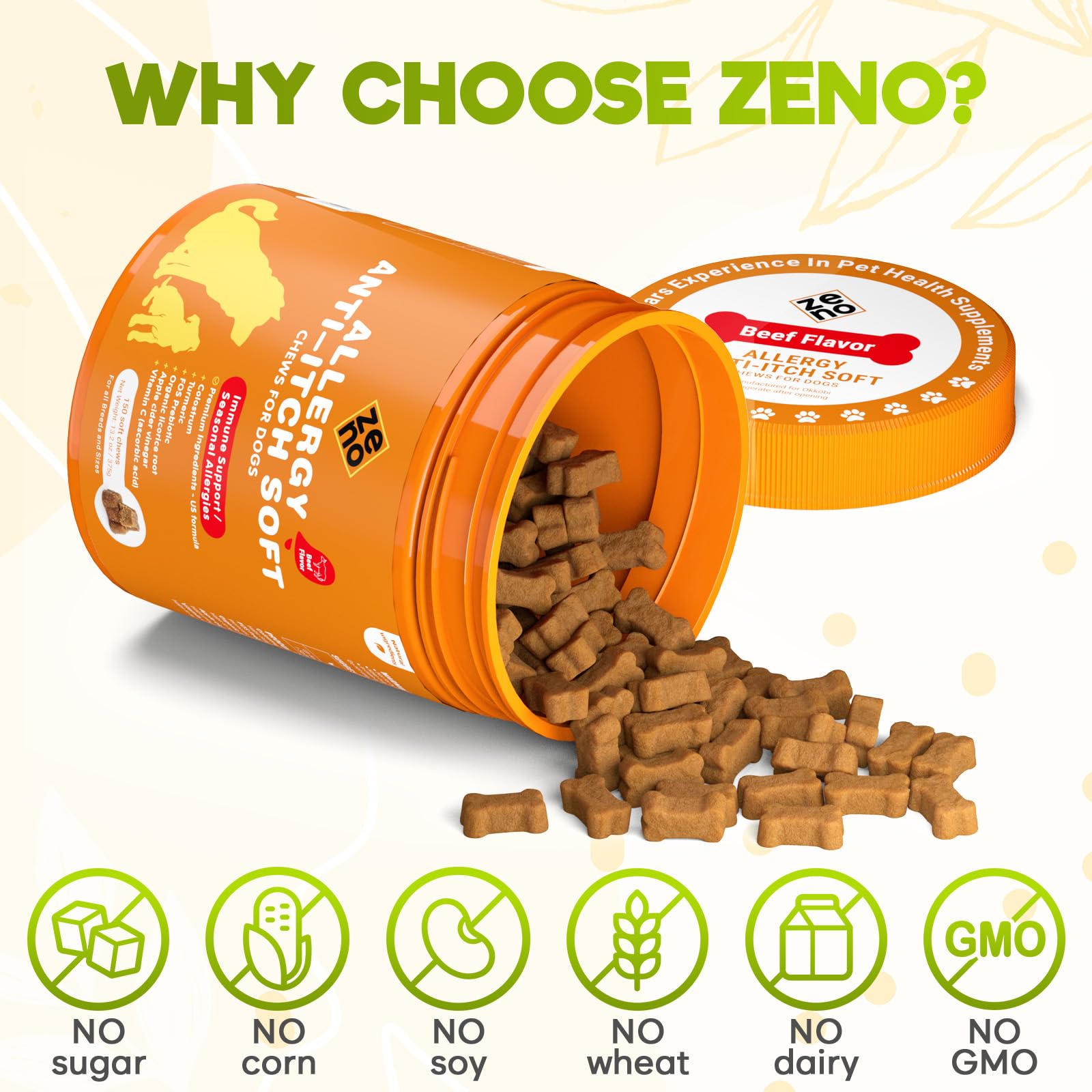 ZENO chews may begin working quickly with a timer icon shown.