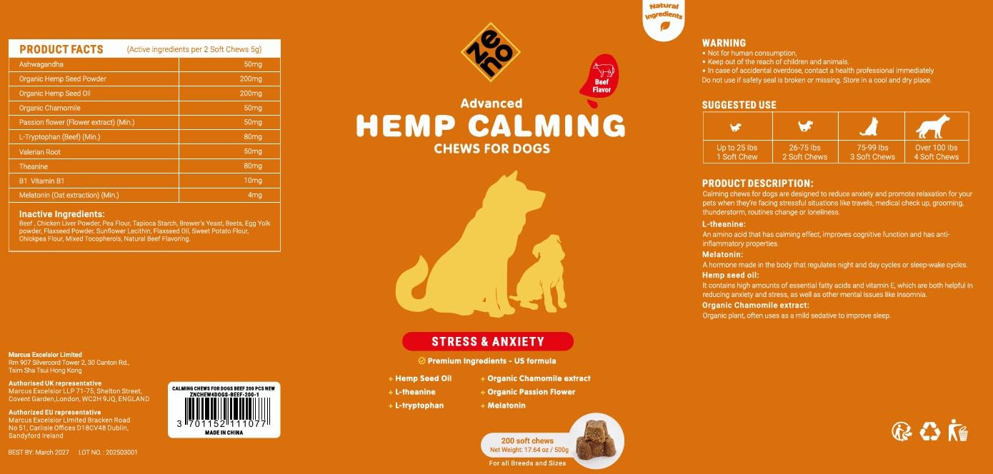 ZENO hemp calming chews show a dog resting peacefully after a chew.