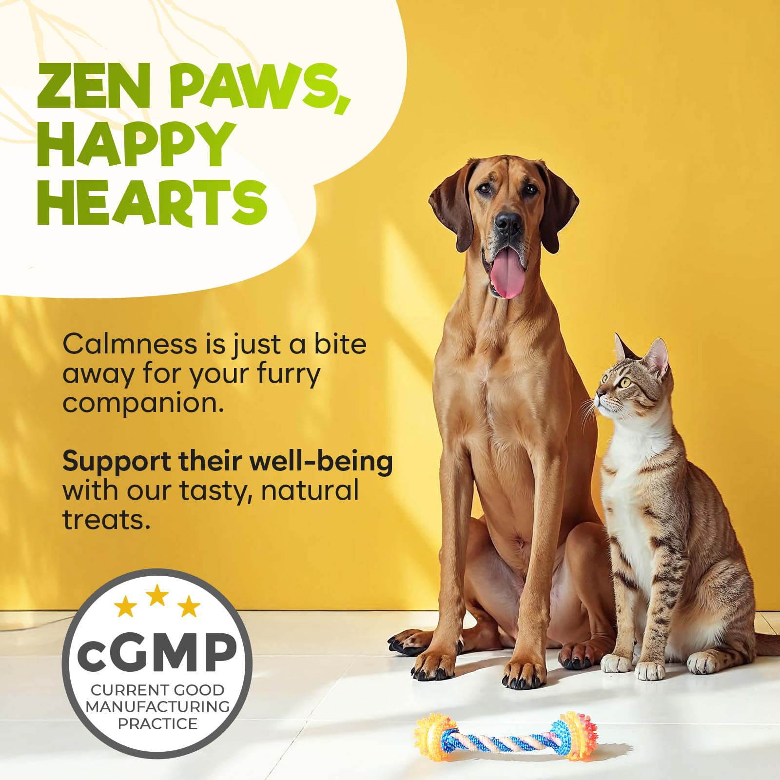 ZENO hemp calming chews on a couch depict a relaxed, content dog after a treat.