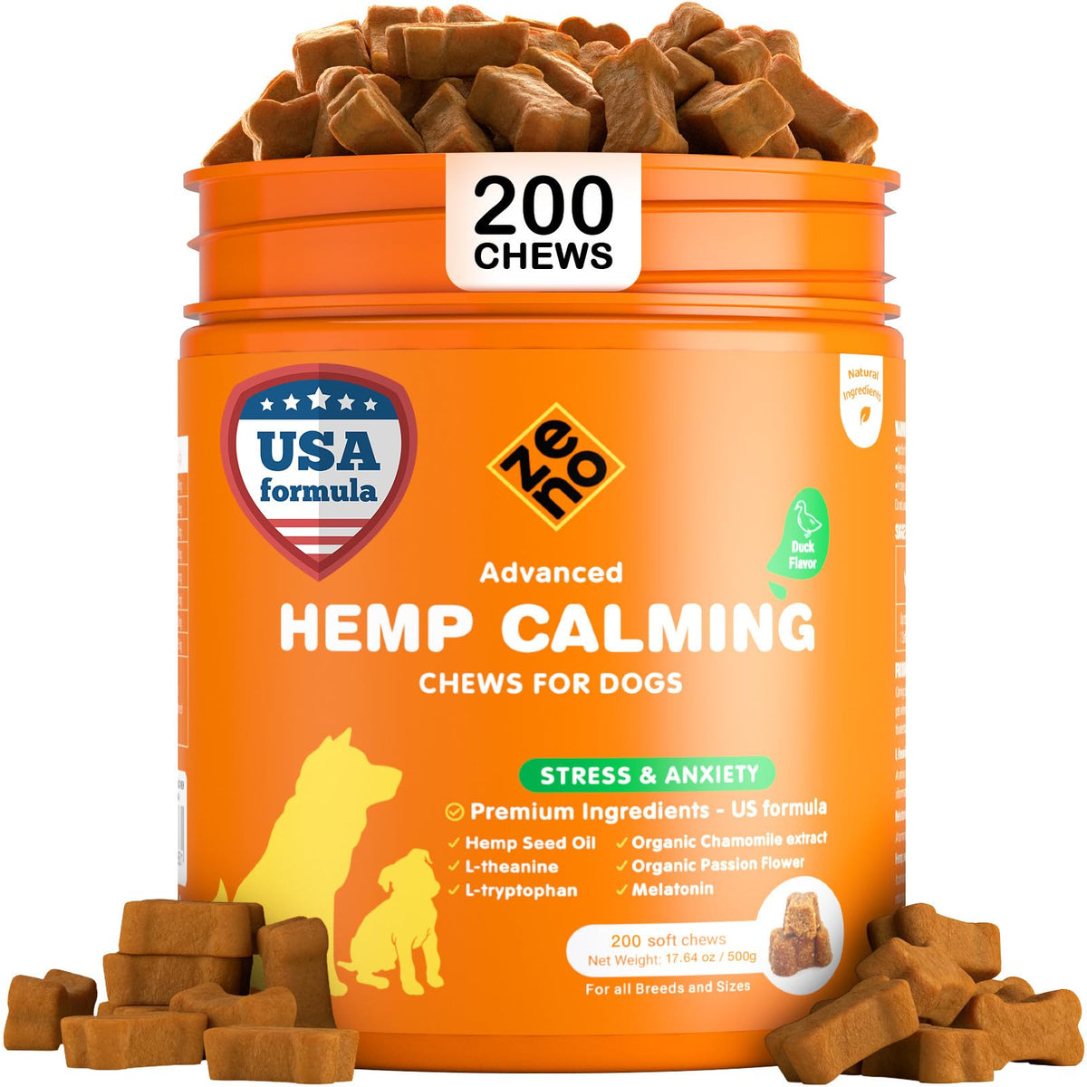 ZENO hemp calming chews duck bottle closeup for anxiety relief